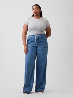 Ženske široke jeans hlače s elastičnim obrubom oko struka